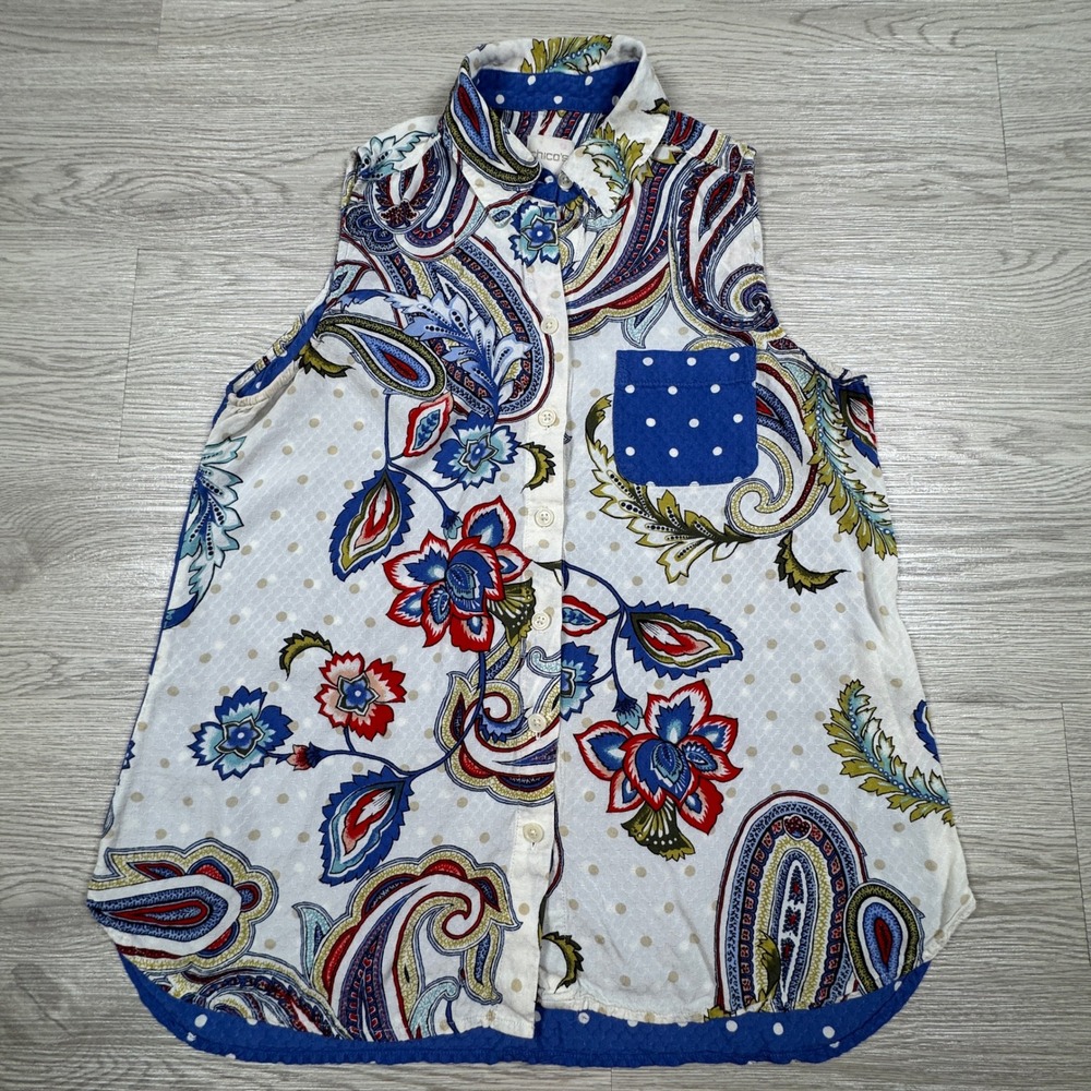Chico's Women's Sleeveless Button‎ Down Paisley Floral Top Blue 0 Petite